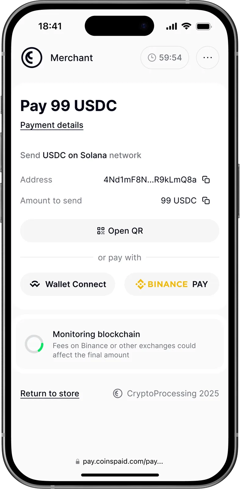 Crypto payment form on iPhone