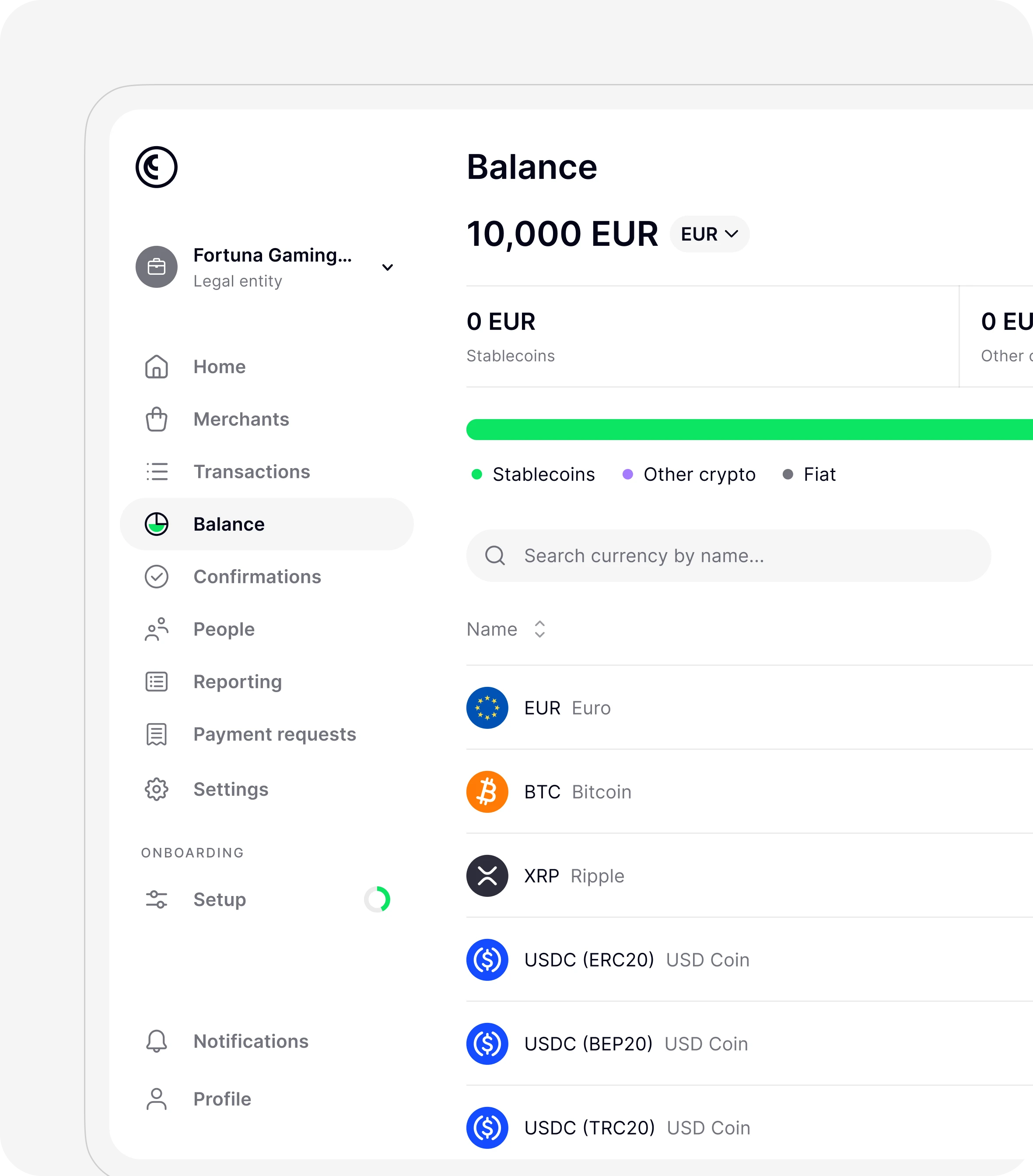 Balance dashboard with sidebar navigation